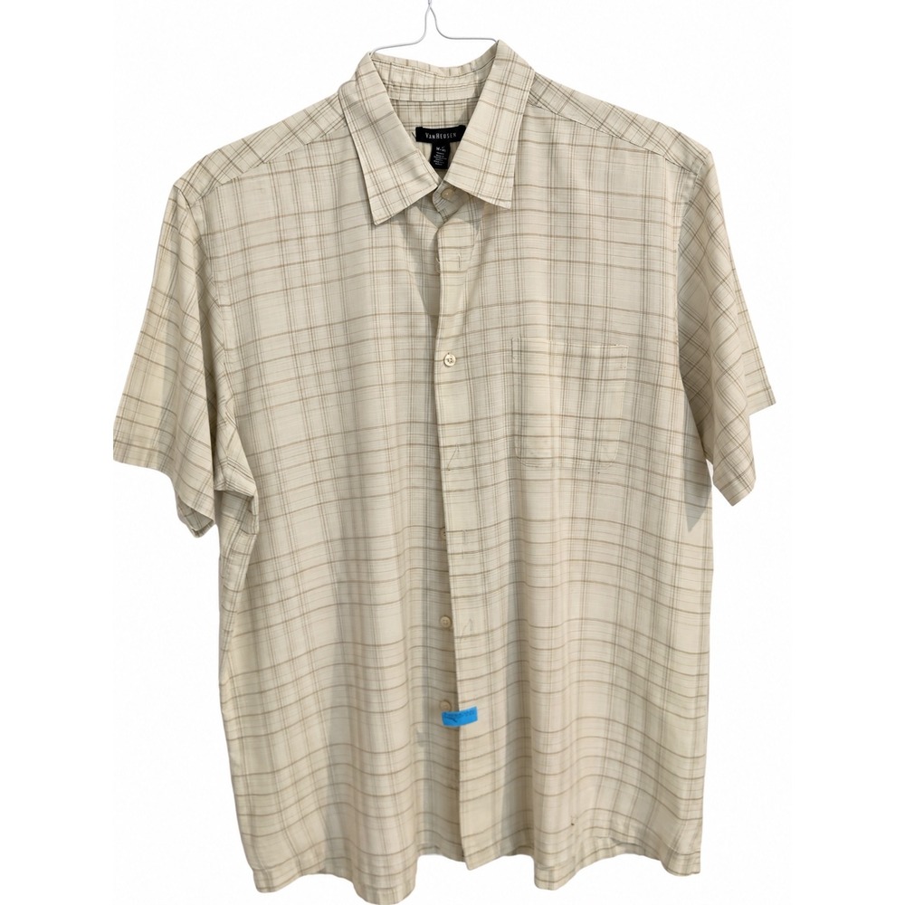 Van Heusen Mens Large Short Sleeve Button Down Shirt Tan Plaid Cream Business